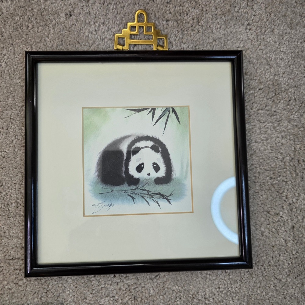 Vintage Set of 3 Framed Panda Prints Chinoiserie Brass Pagoda Hanger 8x8 zoocore - Picture 8 of 16
